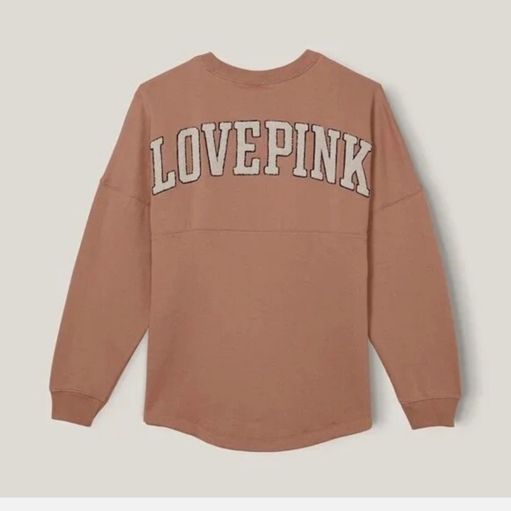 Victoria's Secret PINK Varsity Crew Sweatshirt Stucco Beige Chenille Medium